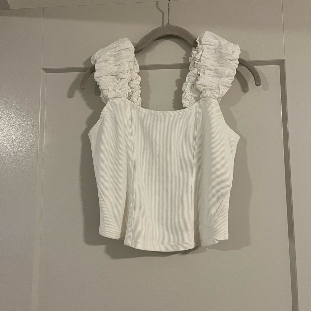 Anthropologie Cream Ruffled Strap Crop Top